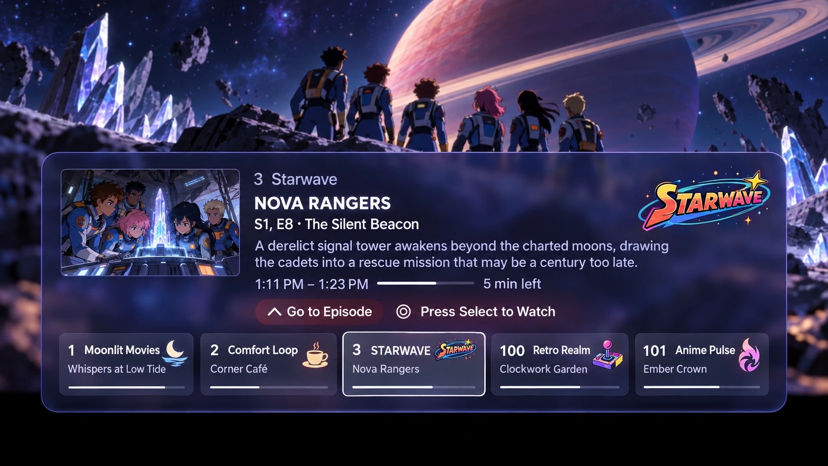 Aster's channel flipper over a playing show. The focused channel, 3 Starwave, shows Nova Rangers, season 1 episode 8, The Silent Beacon, from 1:11 to 1:23 PM with 5 minutes left, plus Go to Episode and Press Select to Watch. A row below lists channels 1, 2, 3, 100 and 101 with what each is playing and its progress.