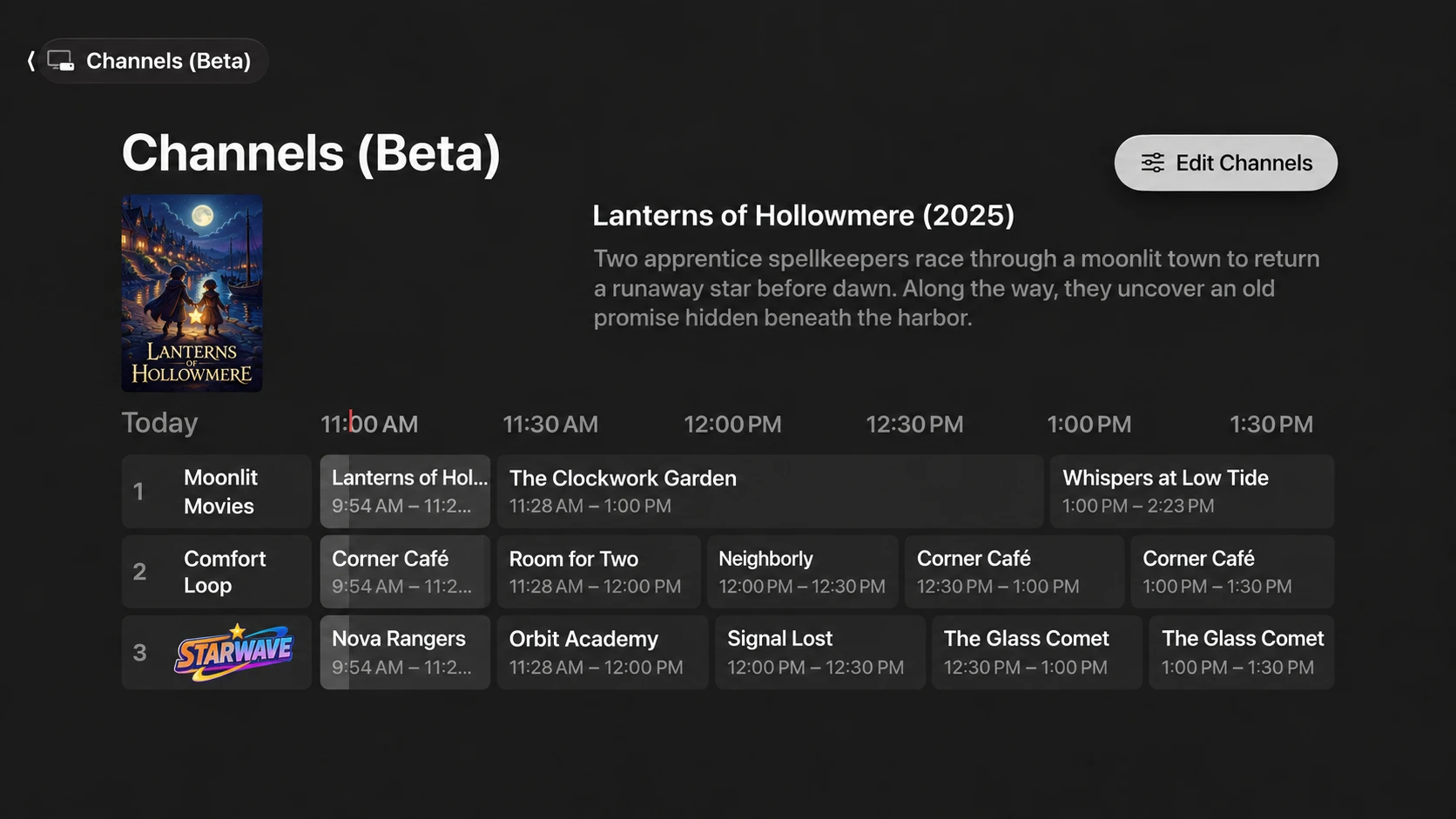 Aster's Channels guide on Apple TV. Three channels, Moonlit Movies, Comfort Loop and Starwave, are listed against times from 11:00 AM to 1:30 PM, with the current programme, Lanterns of Hollowmere, shown above with its poster and description, and an Edit Channels button.