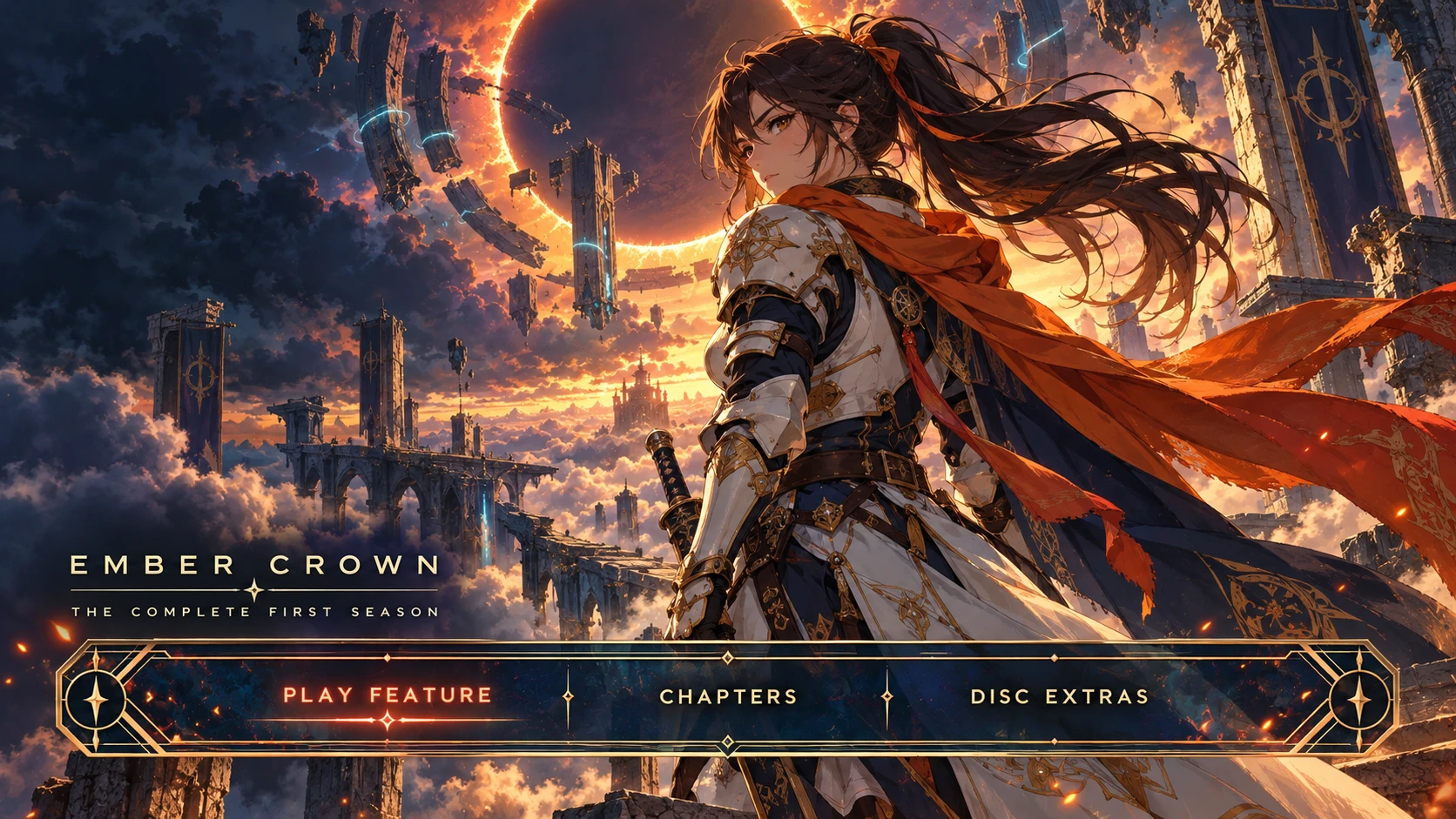 Aster on Apple TV showing a disc menu for Ember Crown, The Complete First Season, with Play Feature, Chapters and Disc Extras in an ornate gold menu bar.