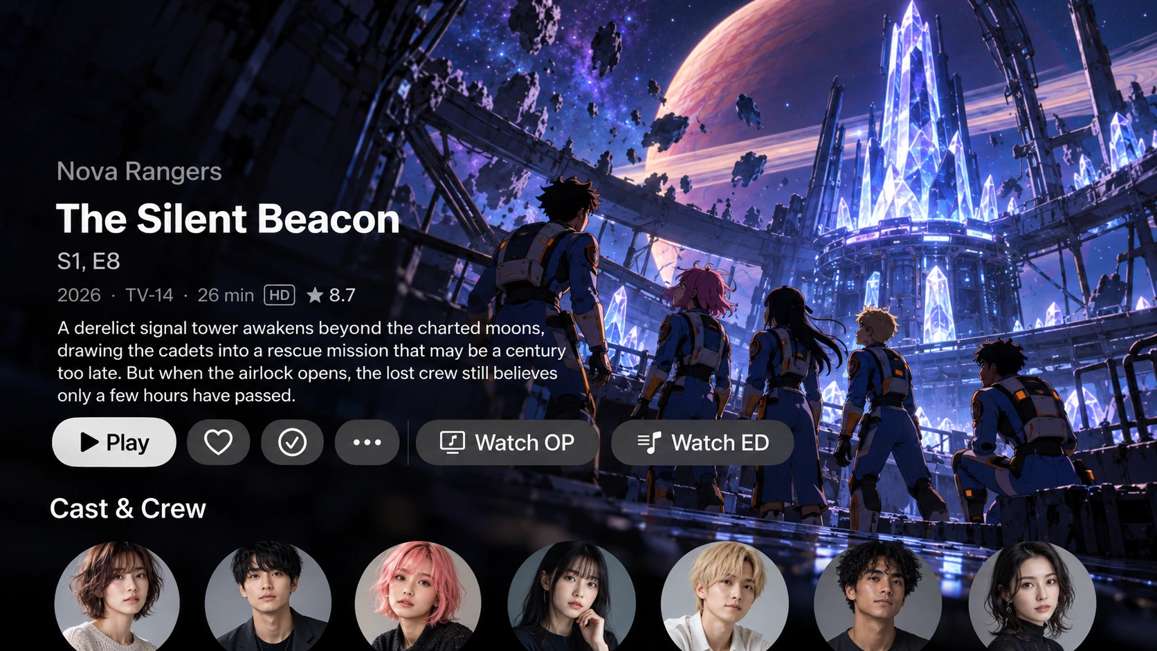 An episode page in Aster for Nova Rangers, season 1 episode 8, The Silent Beacon: 2026, TV-14, 26 minutes, HD, rated 8.7, with a description, buttons for Play, favourite, watched, more, Watch OP and Watch ED, and a Cast and Crew row.