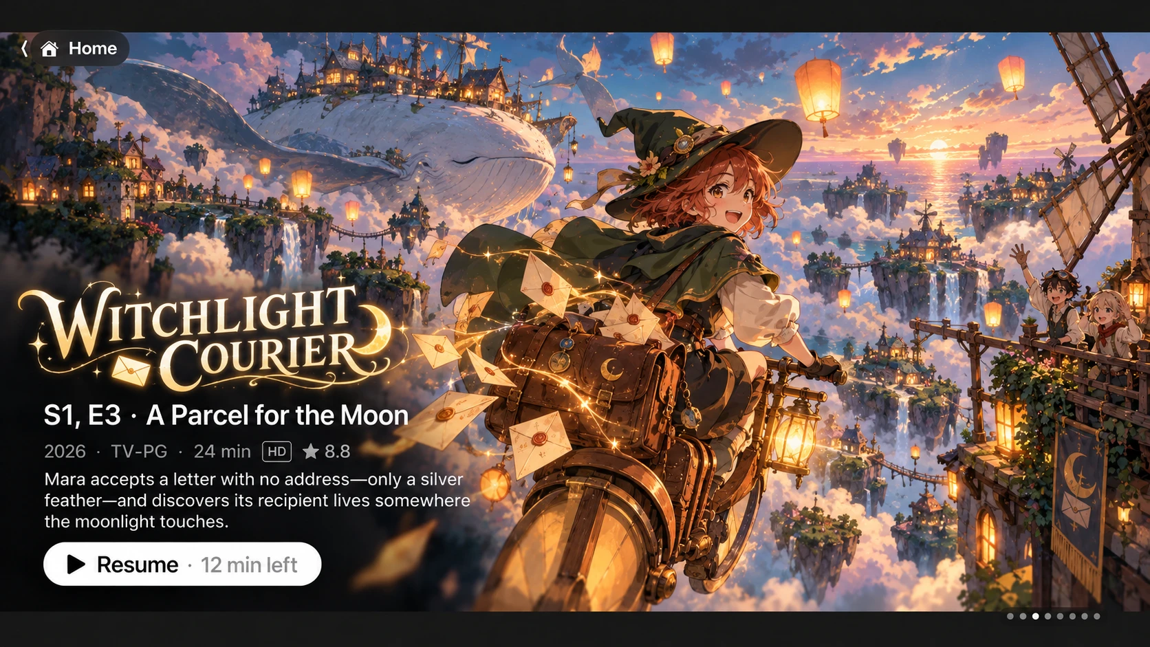Aster's home screen featuring Witchlight Courier, season 1 episode 3, A Parcel for the Moon: 2026, TV-PG, 24 minutes, HD, rated 8.8, with a Resume button showing 12 minutes left.