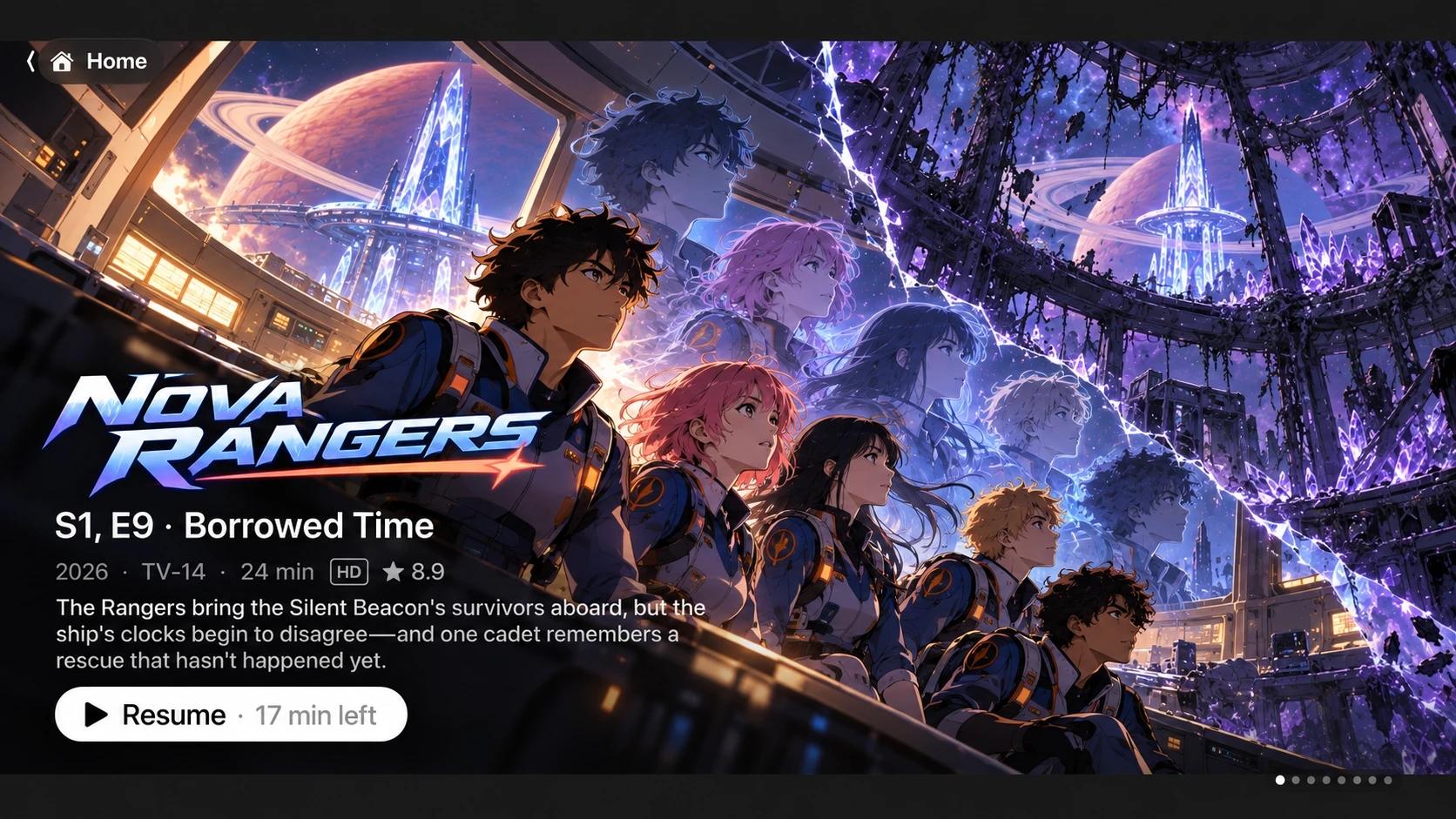 Aster's home screen on Apple TV featuring Nova Rangers, season 1 episode 9, Borrowed Time: 2026, TV-14, 24 minutes, HD, rated 8.9, with a Resume button showing 17 minutes left.