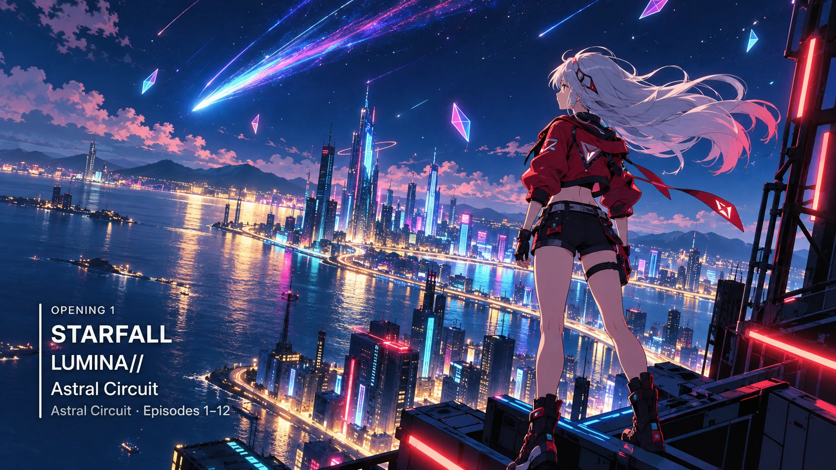 Aster on Apple TV playing an anime opening's music video. A card in the lower left reads: Opening 1, Starfall, by Lumina//, from Astral Circuit, episodes 1 to 12.
